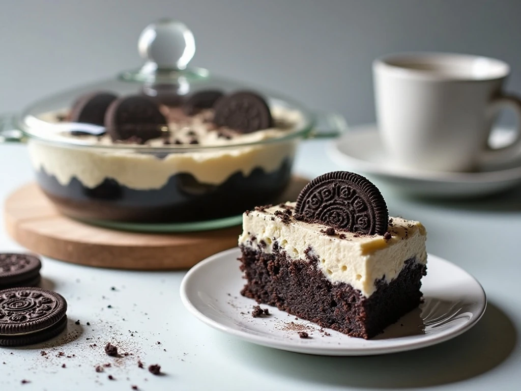 Covered Oreo poke cake ready for refrigerated storage