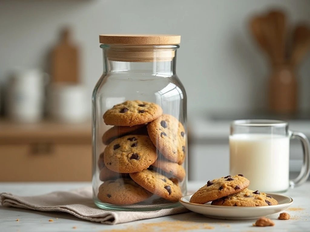 Chocolate chip cookies stored in an airtight container