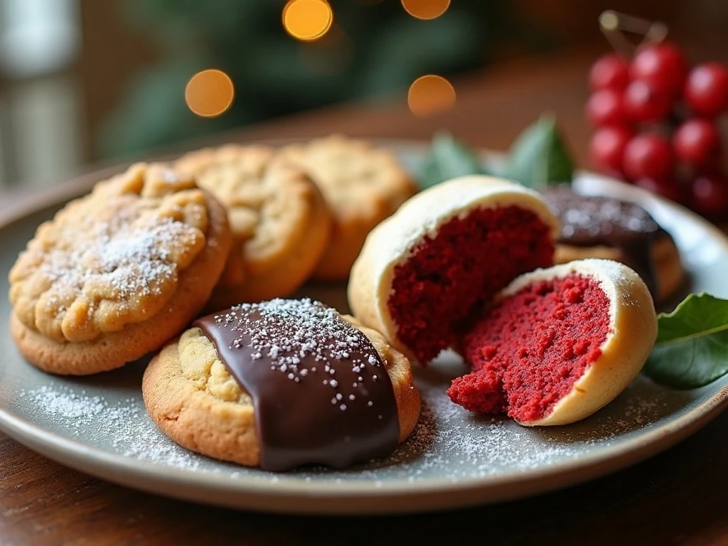 Assorted freezable holiday cookies arranged on a festive serving platter