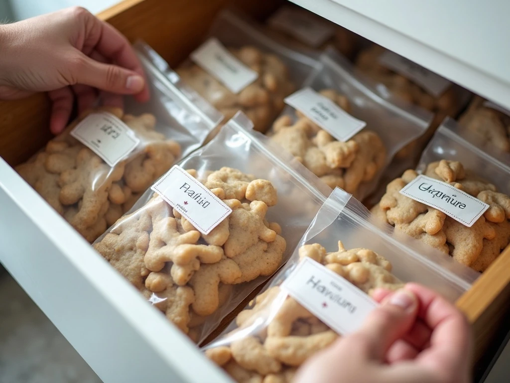 Labeled containers of frozen holiday cookies separated with parchment
