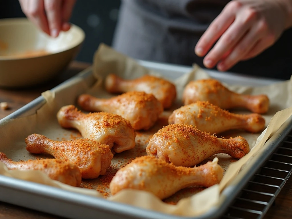 Seasoned chicken drumsticks arranged on a baking sheet before roasting