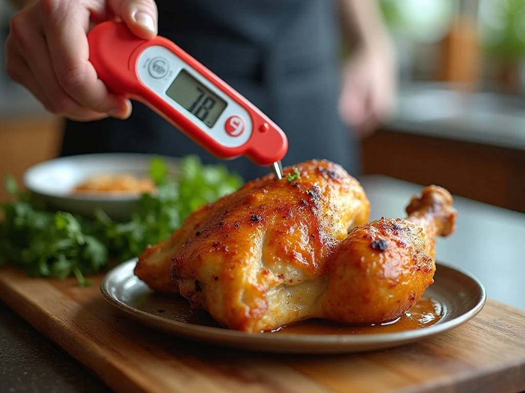 Checking the internal temperature of baked chicken drumsticks