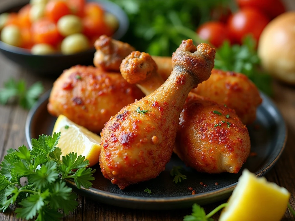 Baked chicken drumsticks with fresh garnishes and dinner sides