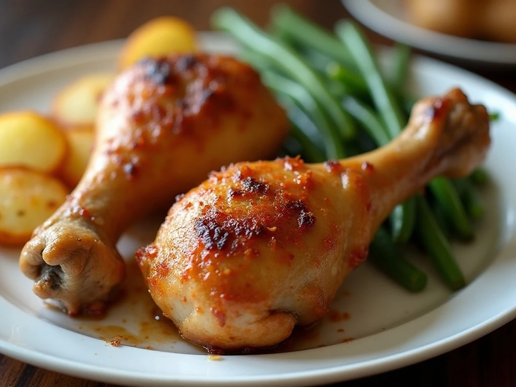 Reheated baked chicken drumsticks served with vegetables