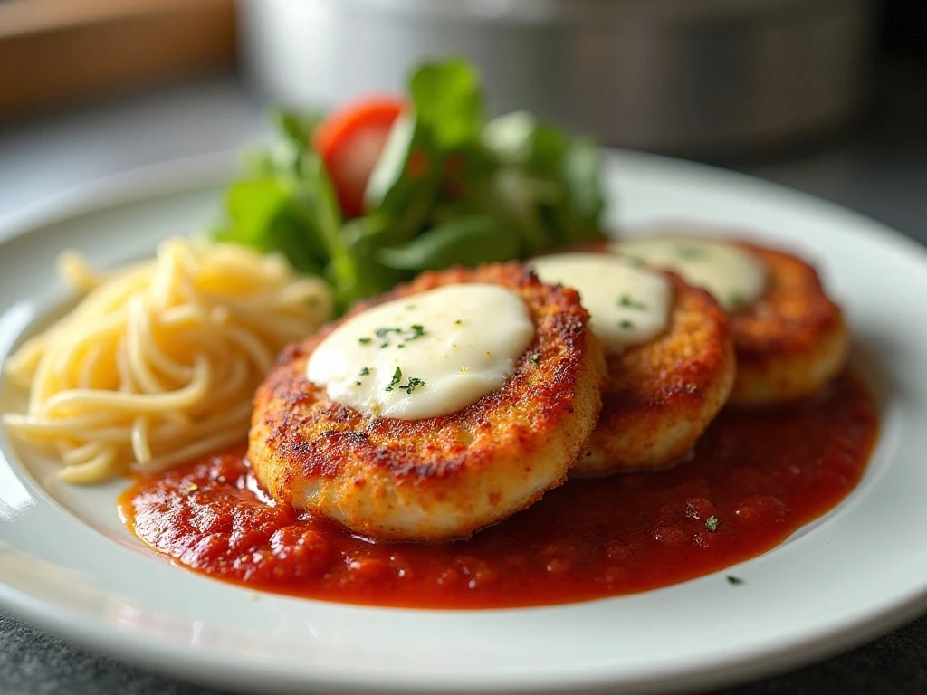 Crispy oven-baked chicken Parmesan served with pasta and salad