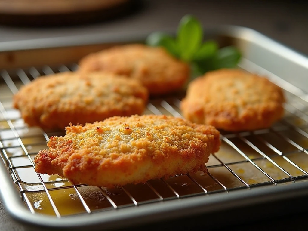 Breaded chicken cutlets on a wire rack ready for baking