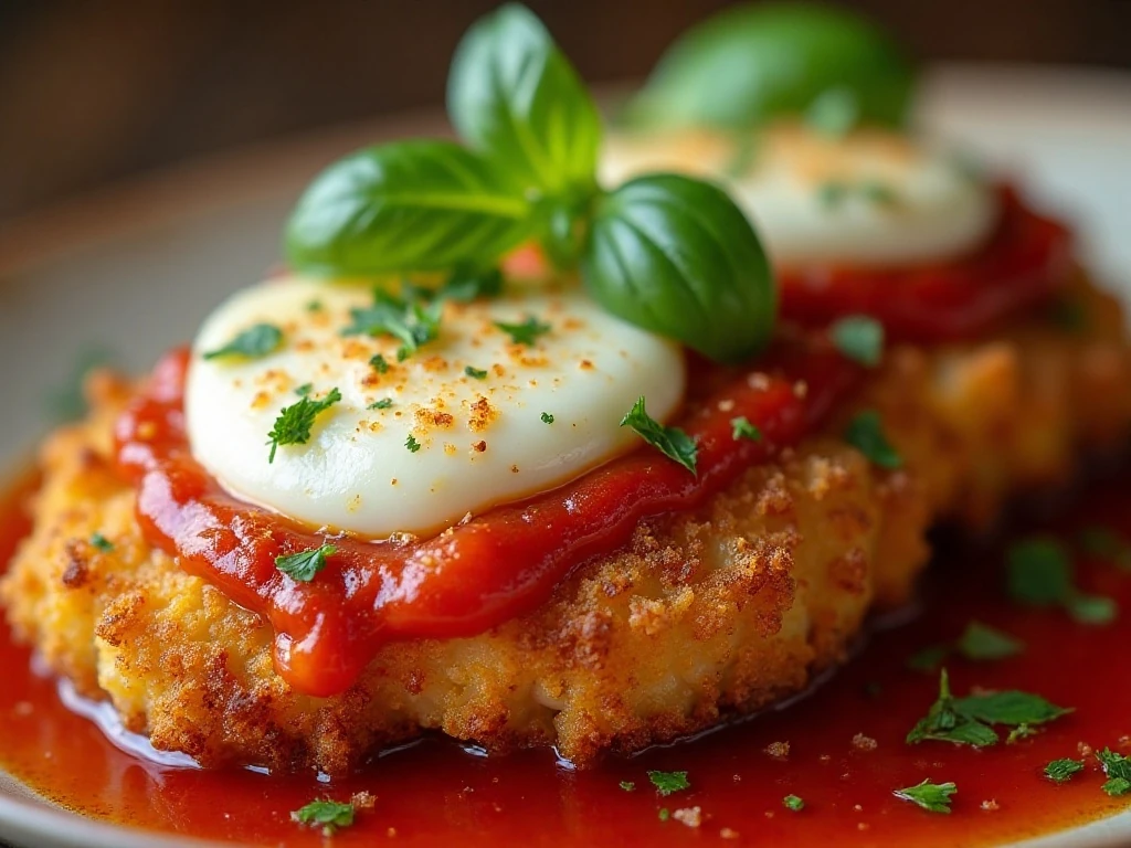 Close-up of cheesy chicken Parmesan with fresh herb garnish