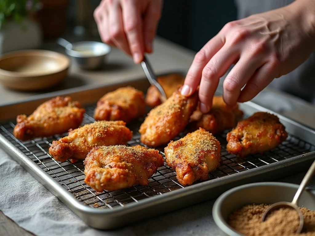Chicken wings drying on a rack for extra-crispy skin