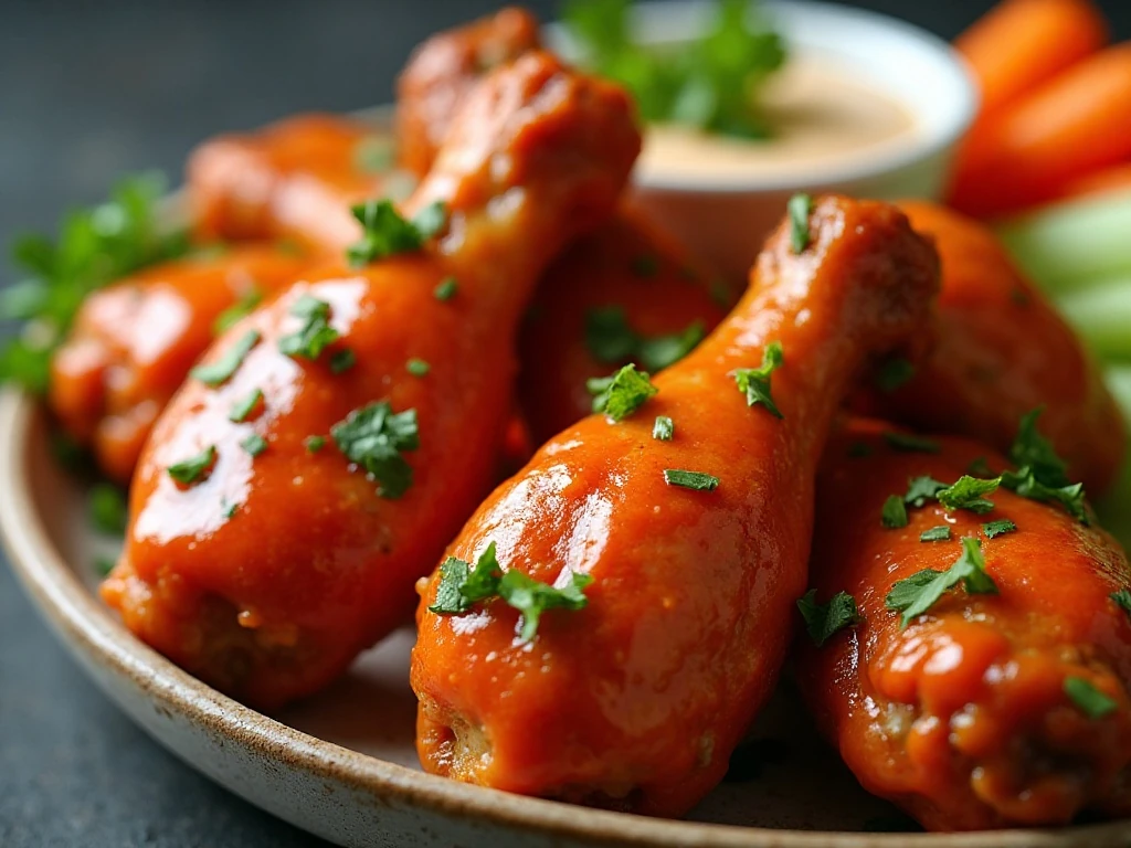 Buffalo chicken wings with dipping sauce and crisp vegetables