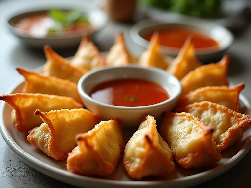 Golden crispy oven-baked crab rangoons served with dipping sauces