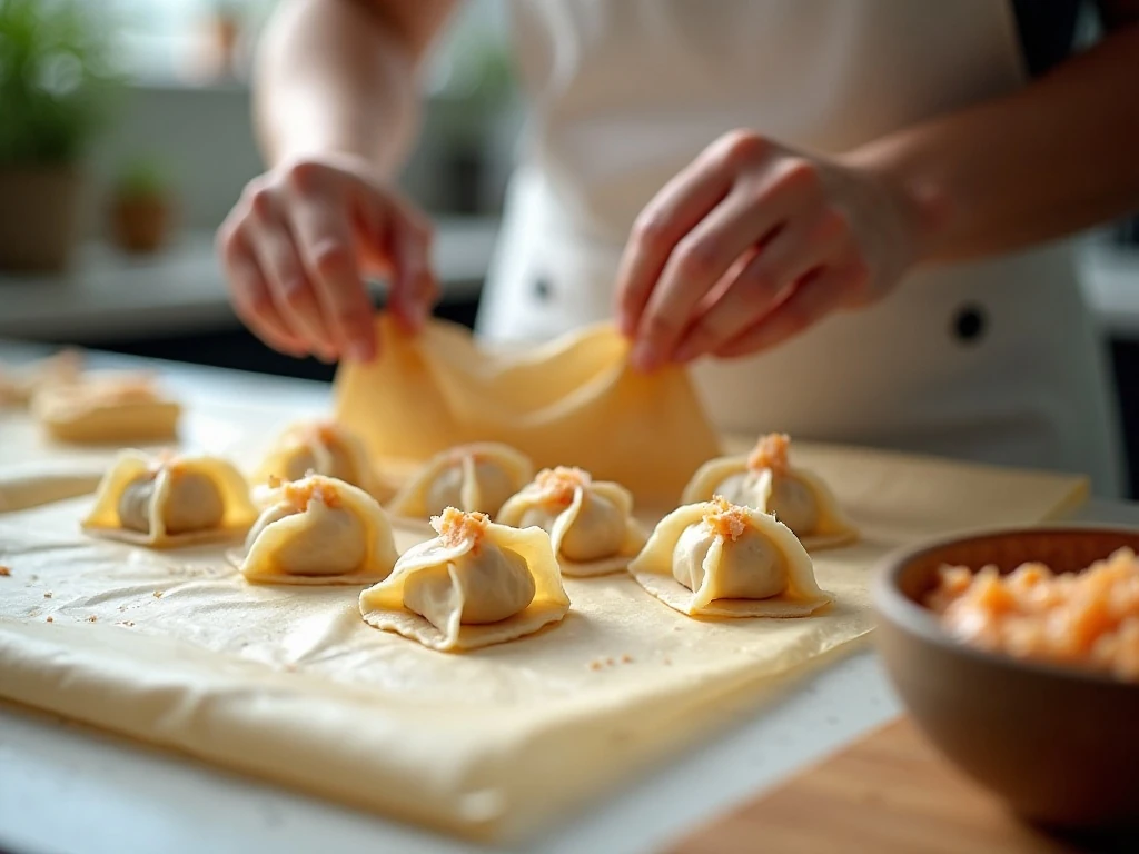 Folding crab rangoon wonton wrappers before baking