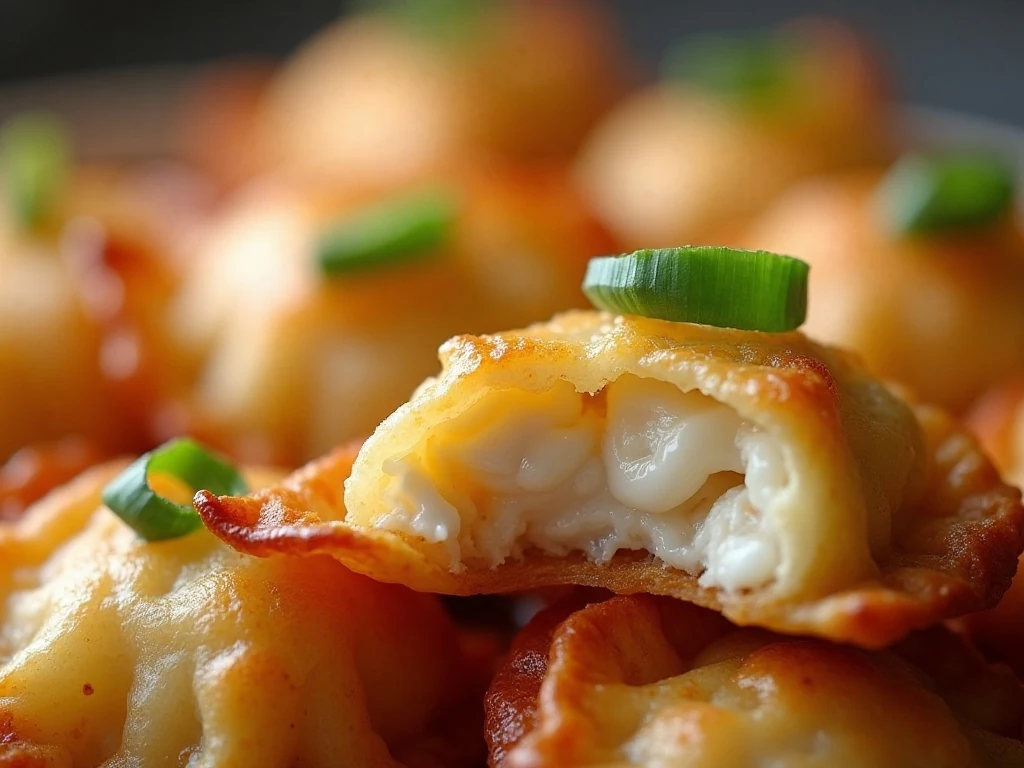 Close-up of crisp sealed crab rangoon edges and creamy filling