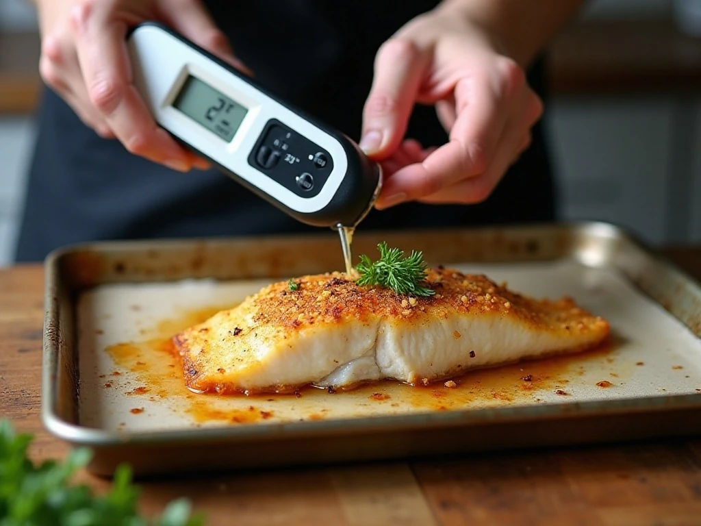 Checking baked haddock temperature with a thermometer