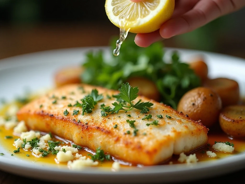 Baked haddock garnished with parsley and lemon