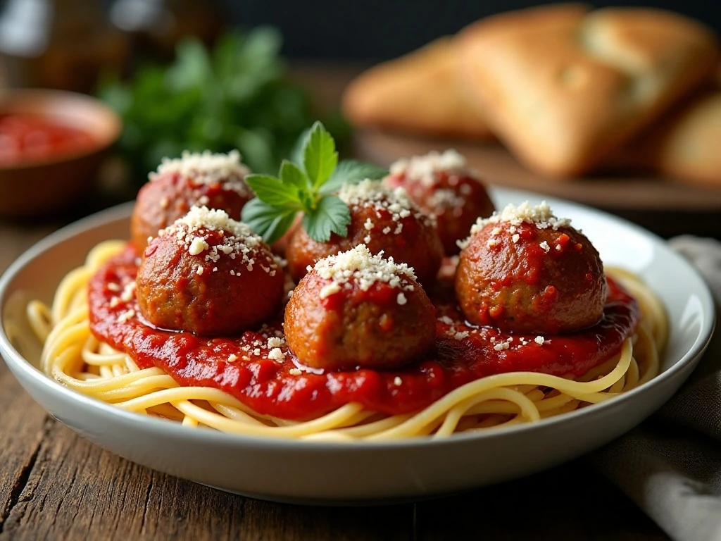 Juicy oven-baked meatballs served with marinara sauce, Parmesan, and parsley