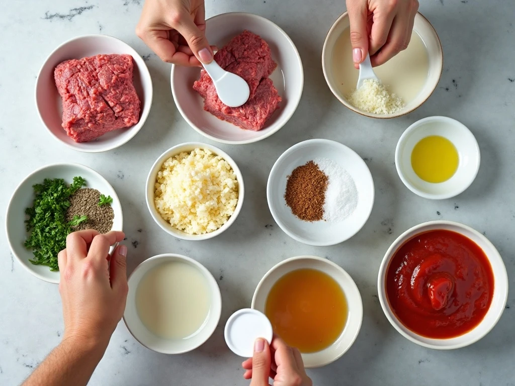 Ingredients for homemade oven-baked beef and pork meatballs