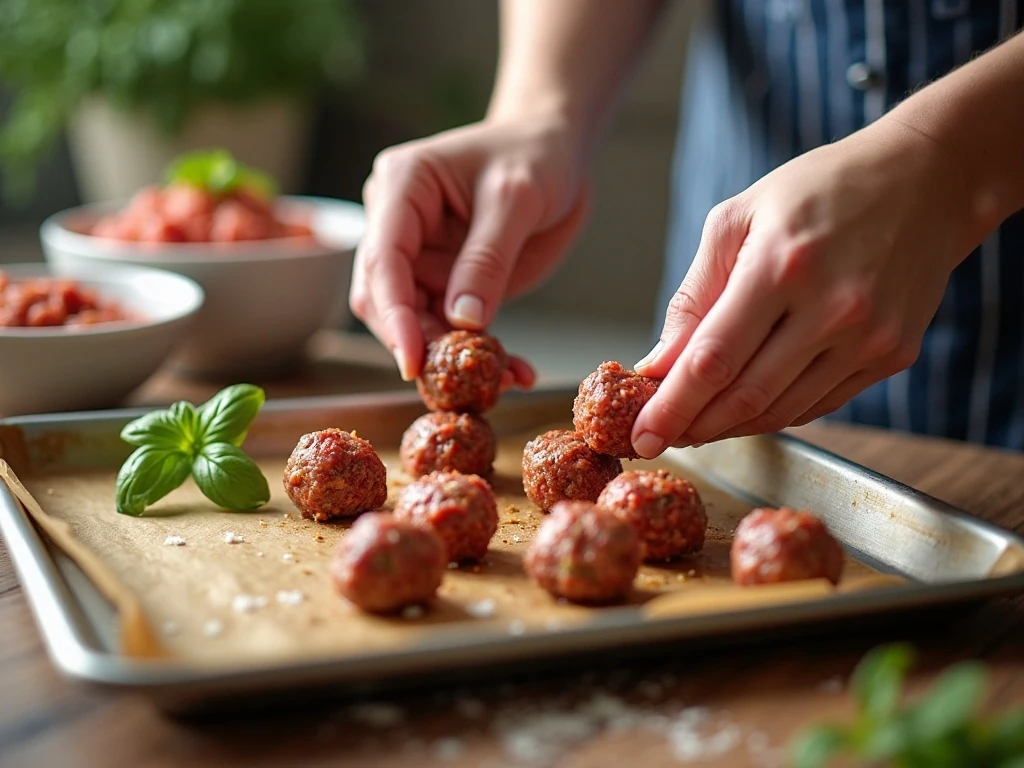 Shaping homemade meatballs before baking them in the oven