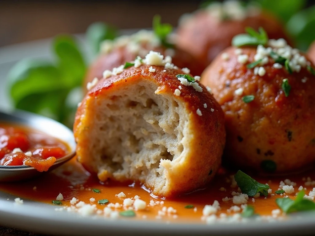 Close-up of a tender juicy meatball with browned edges and Parmesan