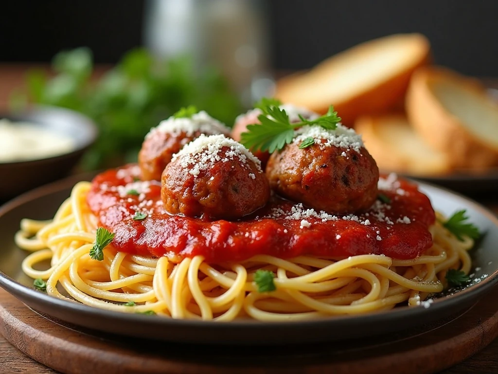 Oven-baked meatballs served with pasta, marinara, and crusty bread