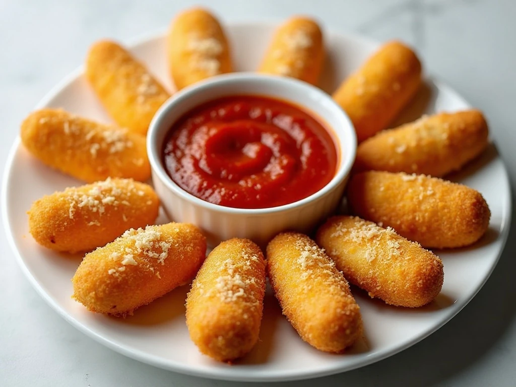 Golden oven-baked mozzarella sticks served with marinara sauce