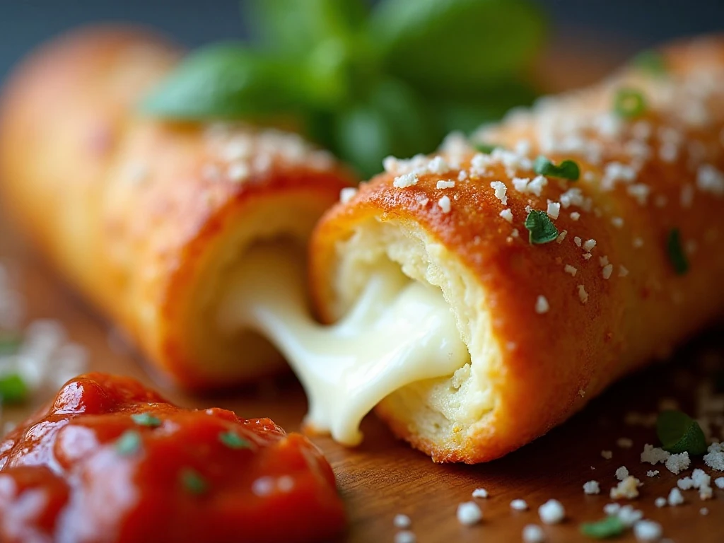 Crispy mozzarella stick with melted cheese and marinara