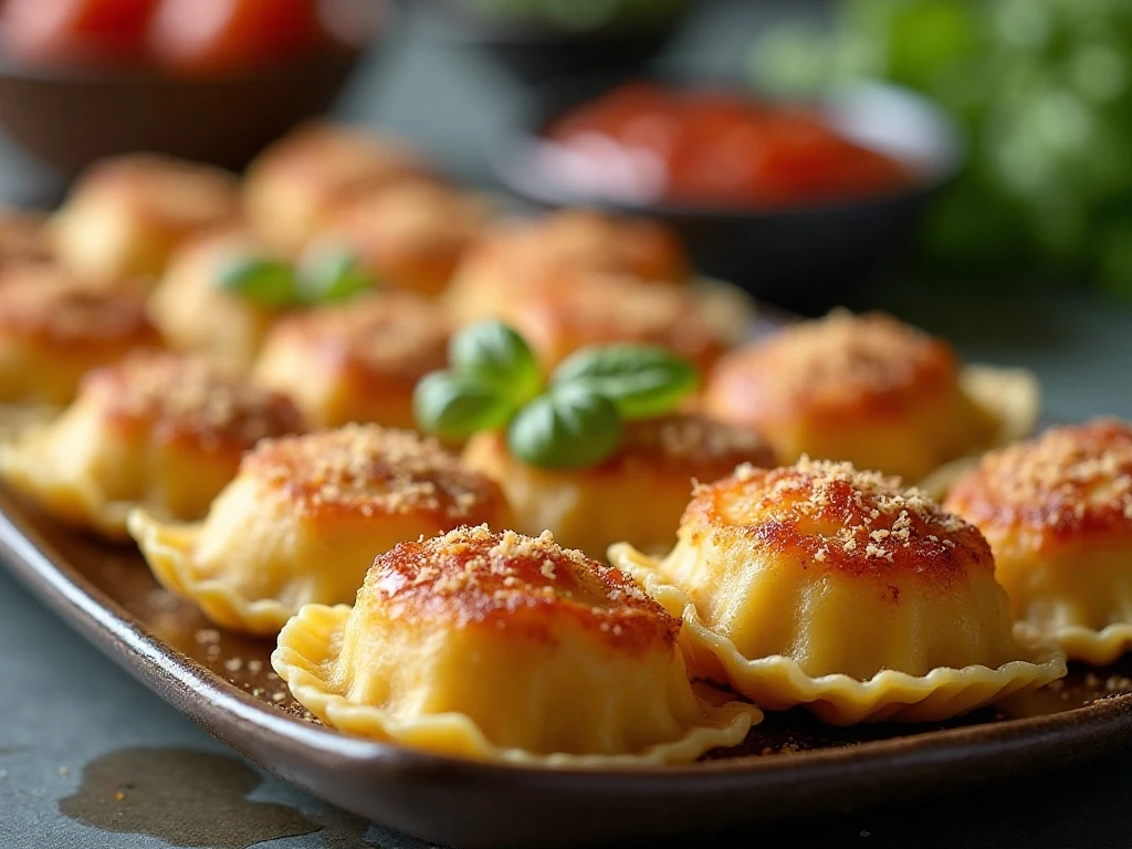 Golden crispy oven-baked ravioli bites served with marinara sauce