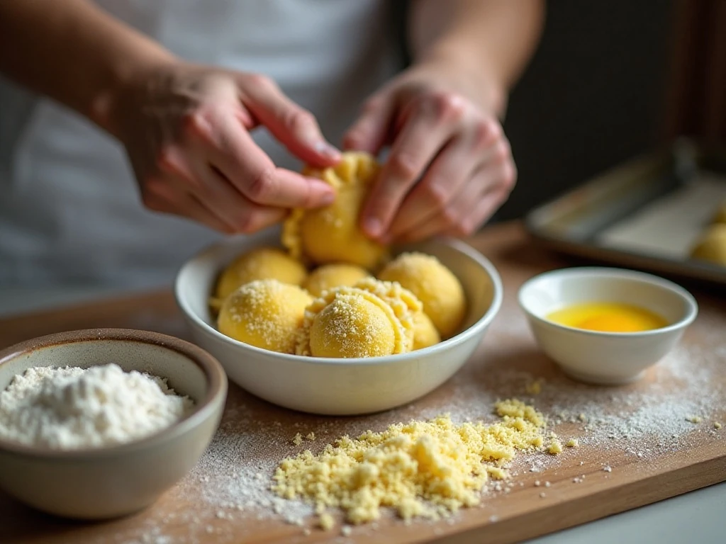Coating ravioli in seasoned breadcrumbs before baking