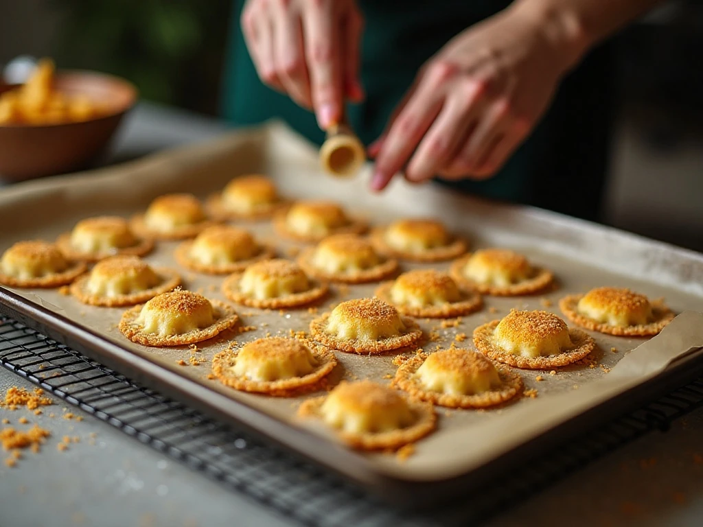Breaded ravioli spaced on a baking sheet for crisp baking