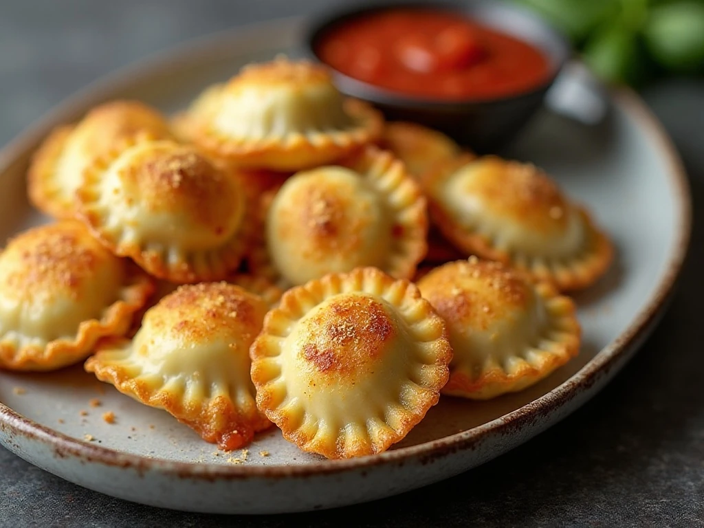 Reheated crispy ravioli bites served with marinara