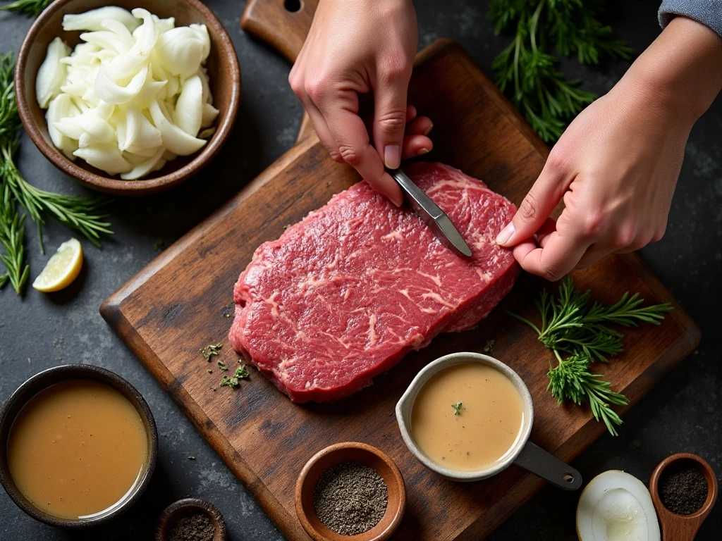 Ingredients for oven-baked steak with brown gravy