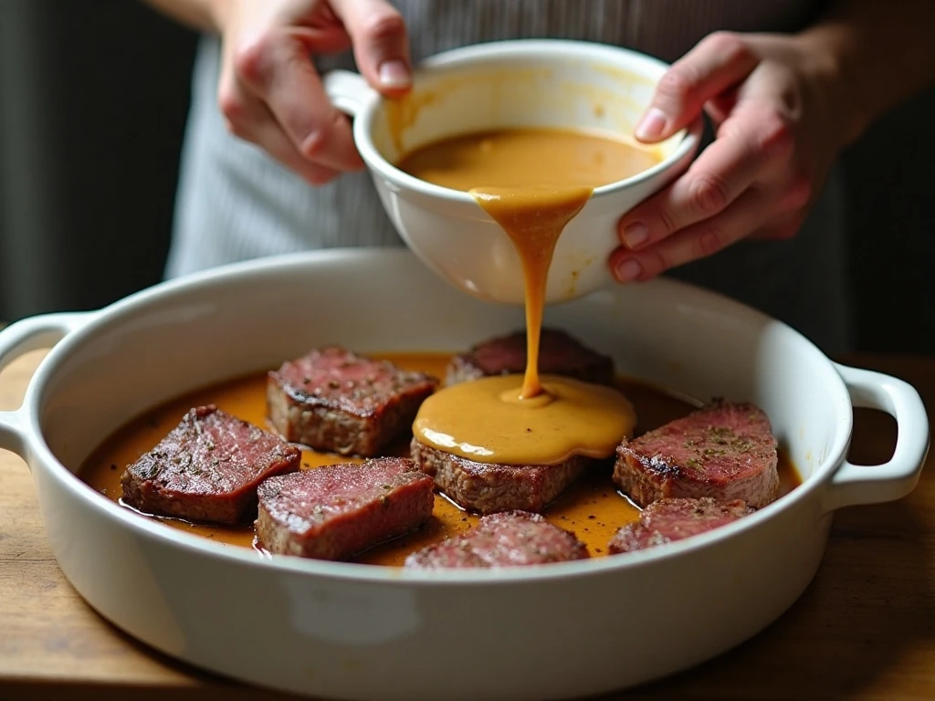 Preparing brown gravy for oven-baked steak