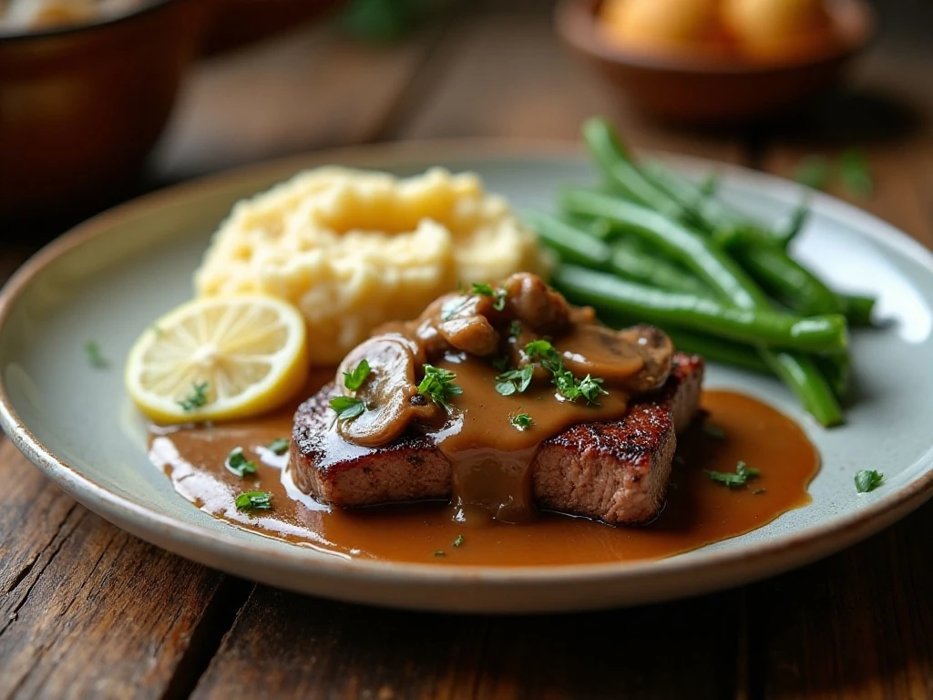 Oven-baked steak with brown gravy served with mashed potatoes