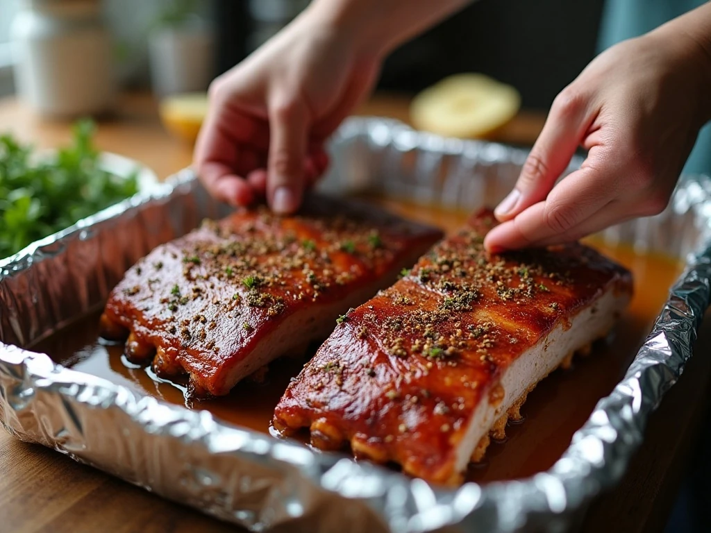 Seasoned country-style ribs arranged in a baking dish before slow cooking