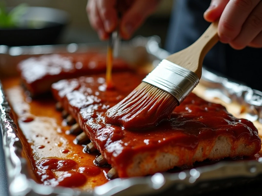 Barbecue sauce brushed over tender oven-baked ribs