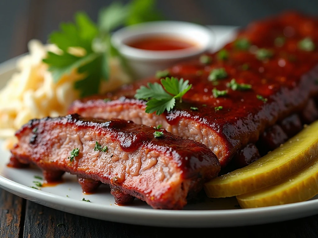Close-up of saucy country-style ribs with barbecue garnishes