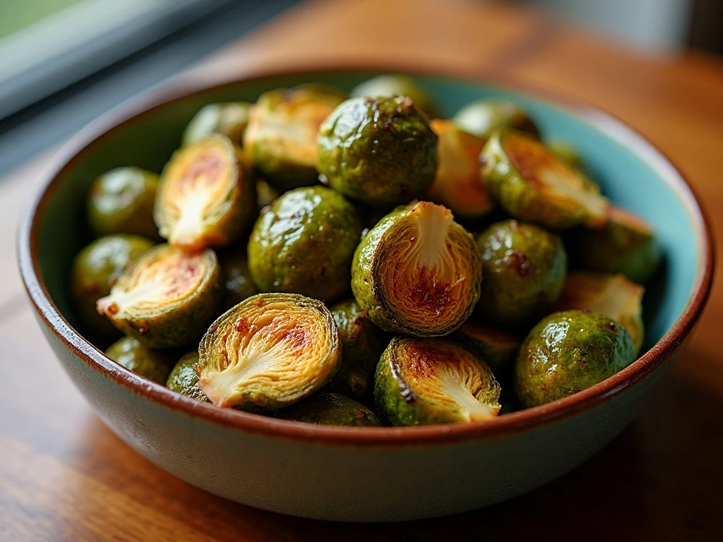 Crispy oven roasted Brussels sprouts served as a dinner side dish