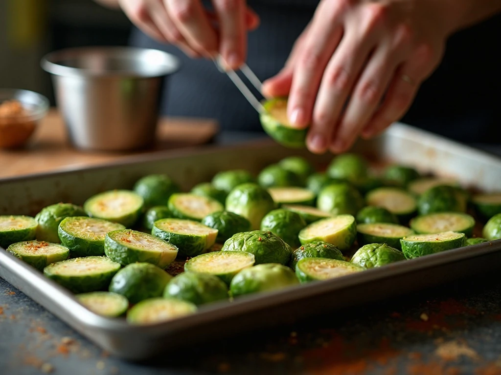 Brussels sprouts arranged cut side down on a baking sheet before roasting
