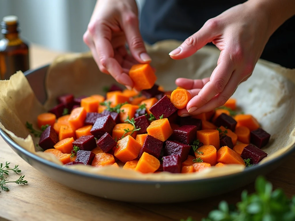 Tossing carrots and beets with olive oil and herbs before roasting