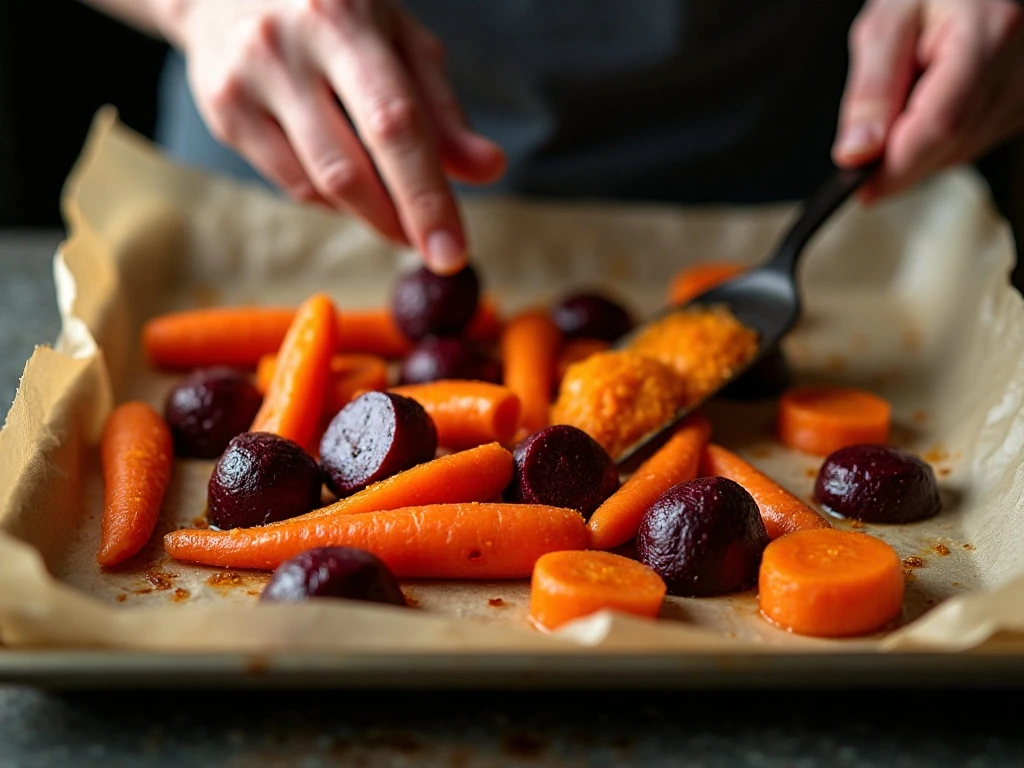 Carrots and beets spaced in a single layer for even roasting