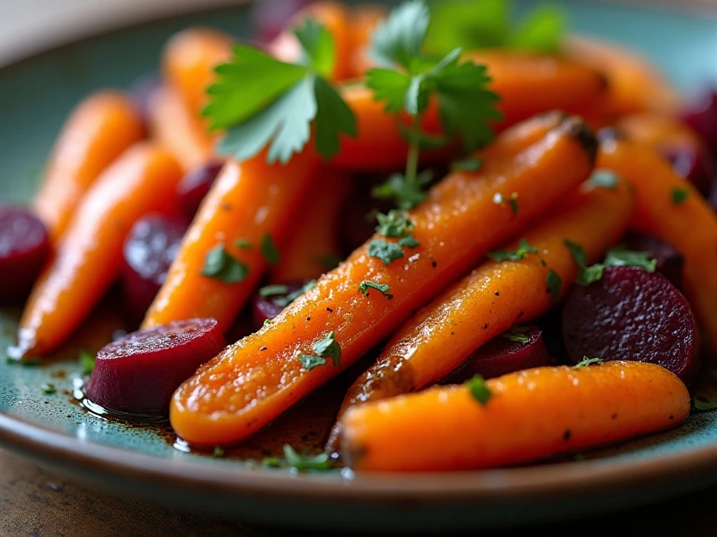 Roasted carrots and beets finished with balsamic vinegar and parsley