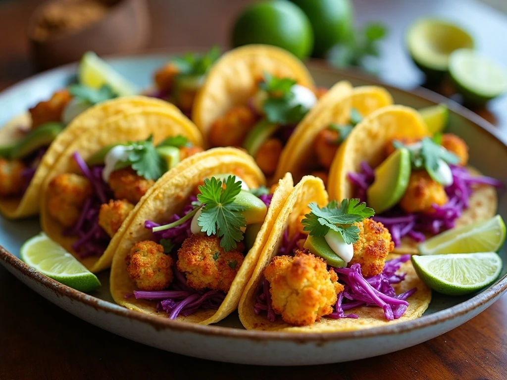 Platter of oven-roasted cauliflower tacos with lime crema and fresh toppings
