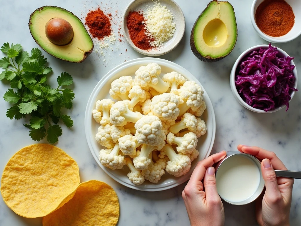 Ingredients for roasted cauliflower tacos arranged in a flat lay