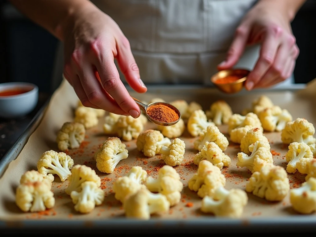 Seasoned cauliflower arranged on a baking sheet before roasting