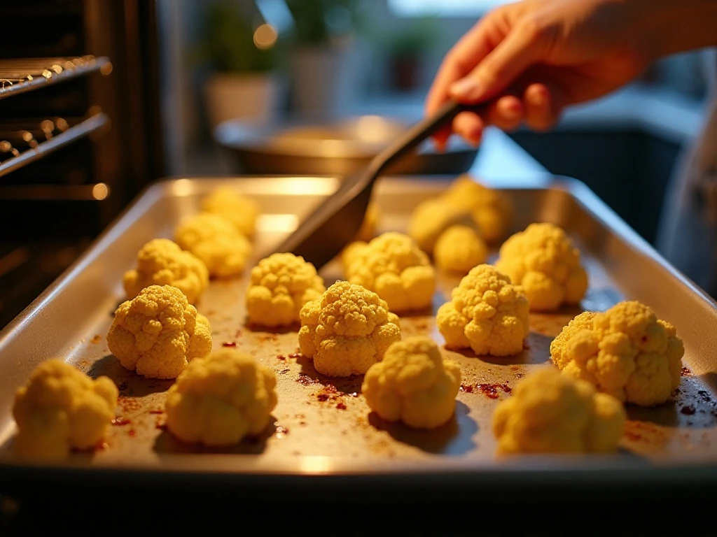 Cauliflower roasting with space between florets for browned edges
