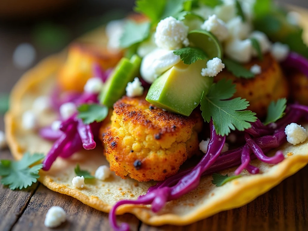 Close-up roasted cauliflower taco with lime crema and pickled jalapeños