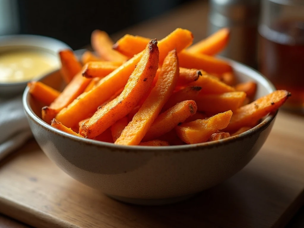 Crispy oven-roasted sweet potato fries served with dipping sauce