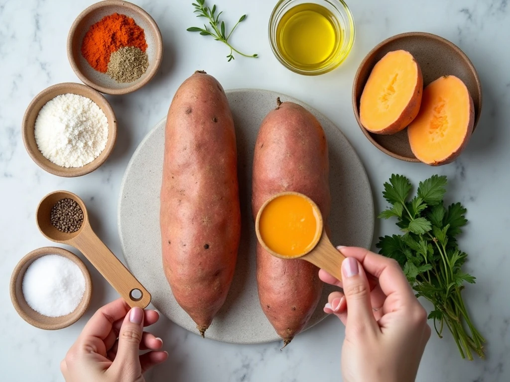 Ingredients for homemade crispy sweet potato fries