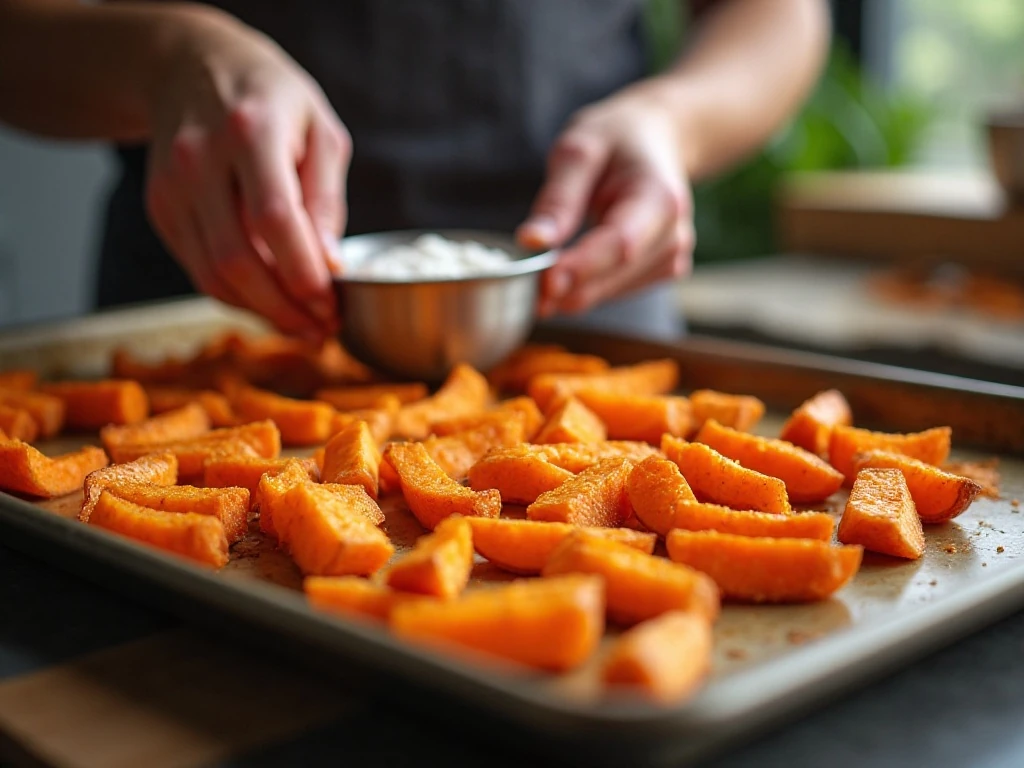 Sweet potato fries arranged on a baking sheet before roasting