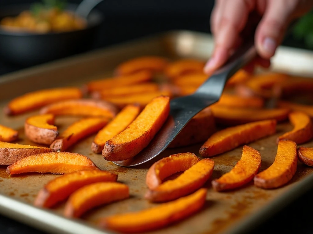 Turning sweet potato fries halfway through oven roasting