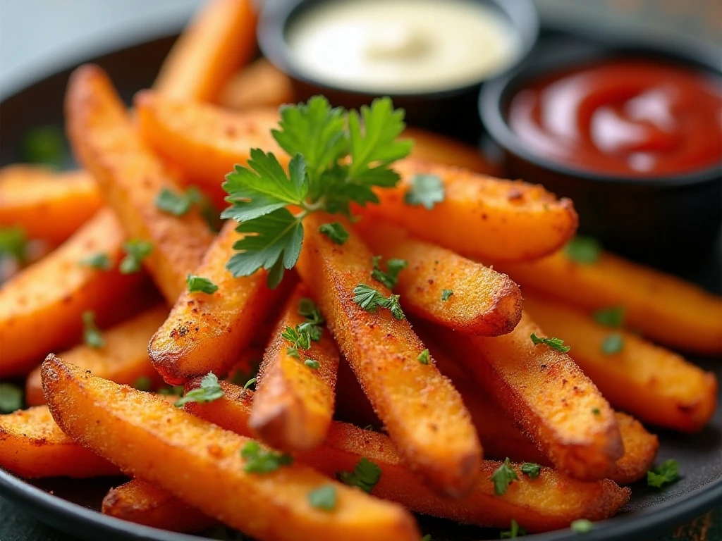 Seasoned sweet potato fries with parsley and dipping sauces